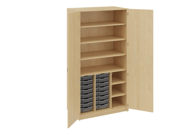 Aufbewahrungsschrank, Holz, Einlegeböden, Kunststoff-Schubladen, Drehtüren