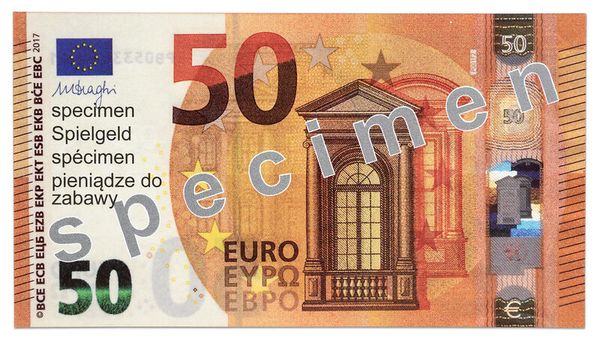 50 Euro-Schein, Euro-Währung, Geldnote, Sicherheitsmerkmale, Banknote Design