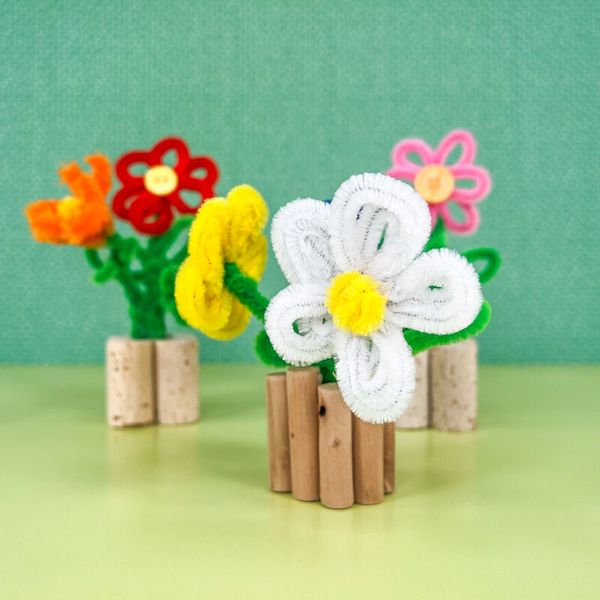 handmade flowers, Pipe cleaner flowers, mini bouquet, wooden vase, bright colors