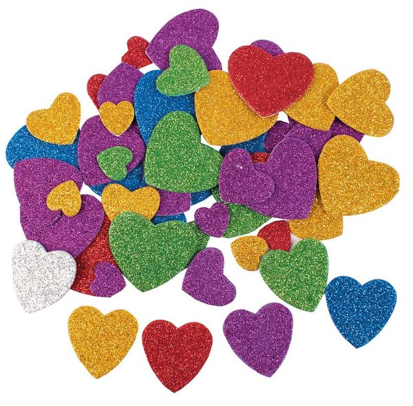 Moosgummi-Glitter-Sticker Herzen in 3 Größen, selbstklebend, 60 Stück