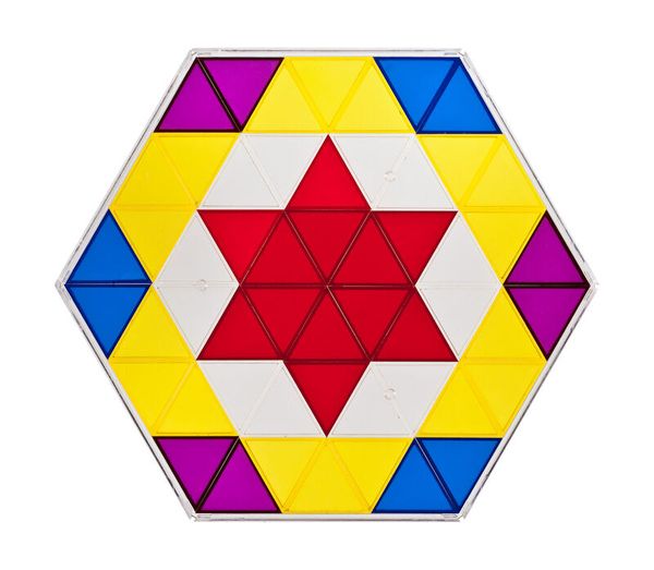Sechseck Puzzle, Tangram Muster, Farbfelder, rotes Zentrum, dreieckige Fliesen