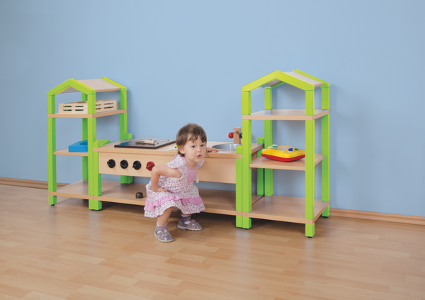 Holzküche, Kinderküche, Spielzeugregal, Küche Spielset, Holzregal