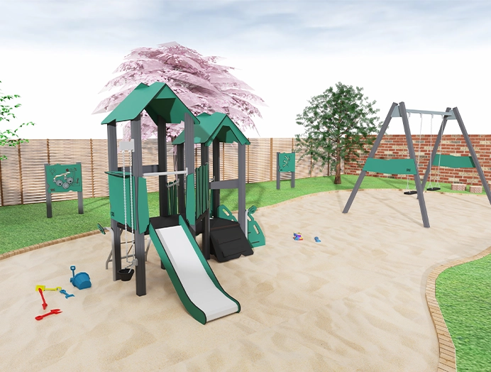 Spielburg im Sand und Schaukel