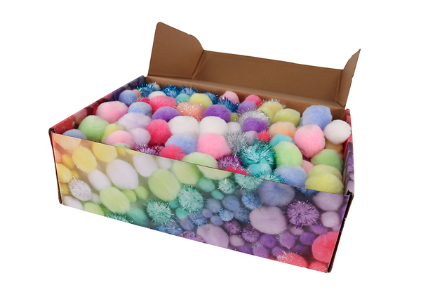 FOLIA Pompons Mix mit pastell mit Glitzer, Ø 1,5-4 cm, 1050 Stück Großpackung