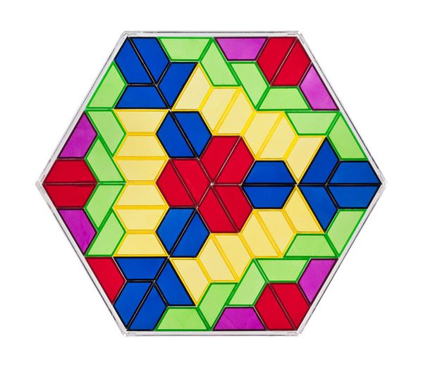 hexagon puzzle, tangram pattern, colorful tiles, magnetic puzzle, geometric art