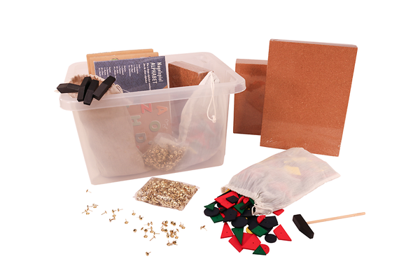 craft kit, geometric shapes, colored tiles, safety scissors, storage box