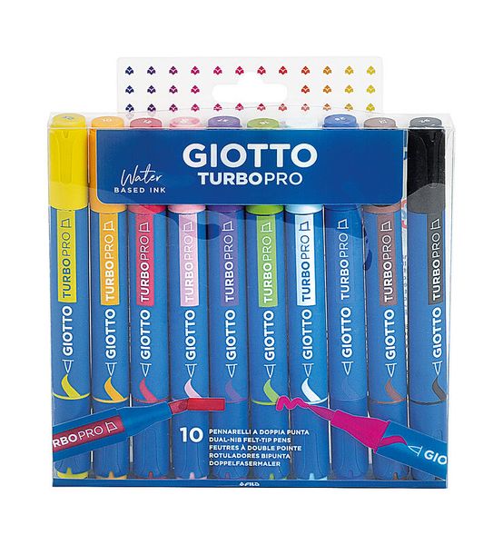 GIOTTO Turbo Pro, 10 Stifte in 10 Primärfarben, Doppelfasermaler mit Pinsel- und Keil-Spitze