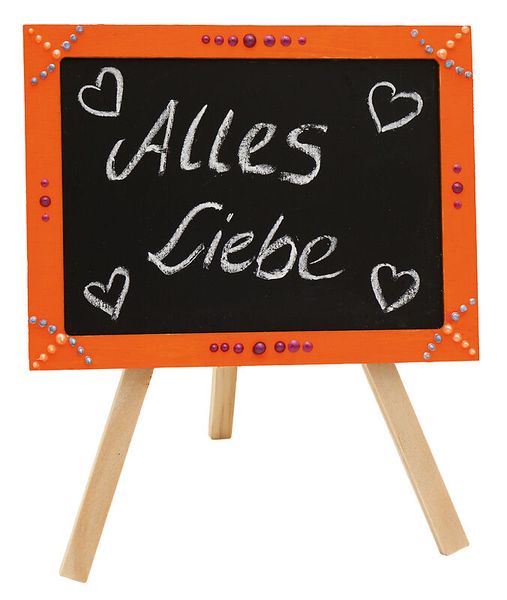 kleinboard, schiefertafel, orange rahmen, holzbeine, herzornament