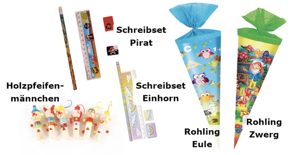 Schreibset, Schreibset-Pirat, Schreibset-Einhorn, Holzpfeifemännchen, Rohling Zwerge