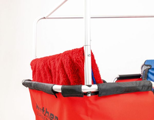 red basket, cloth bag, basket with liner, towel, stroller organizer