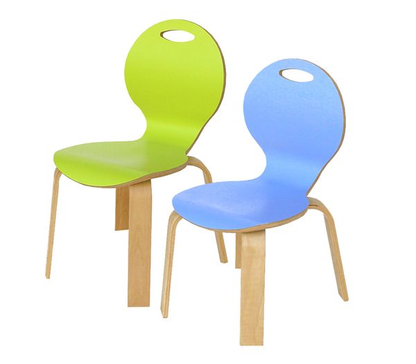 Kinderstuhl, Kunststoffstuhl, Holzbein, grün, blau
