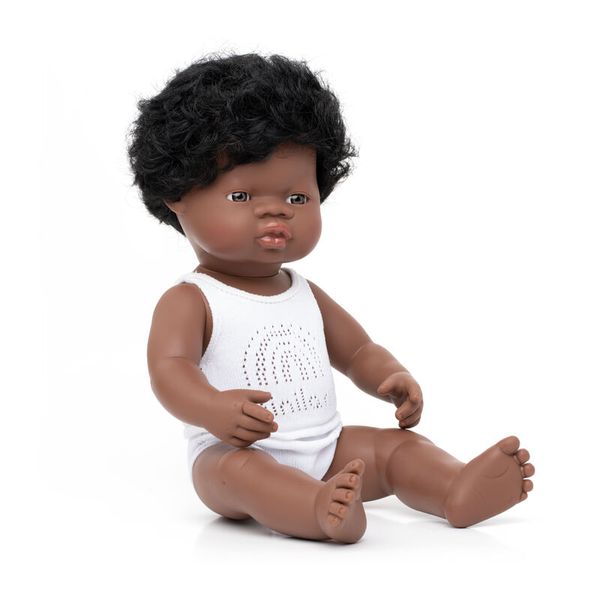 baby doll, Doll Hautfarbe dunkel, schwarze Hautfarbe, weiße Strampler, lockige Haare
