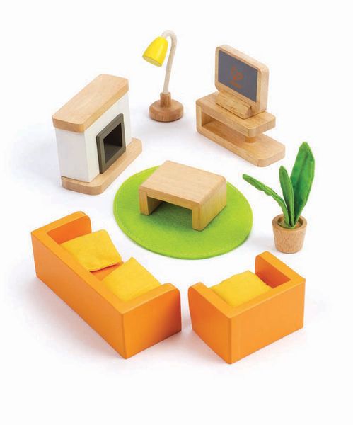Holzspielzeug, Miniaturmöbel, Wohnzimmer-Set, Pflanze, Rundteppich