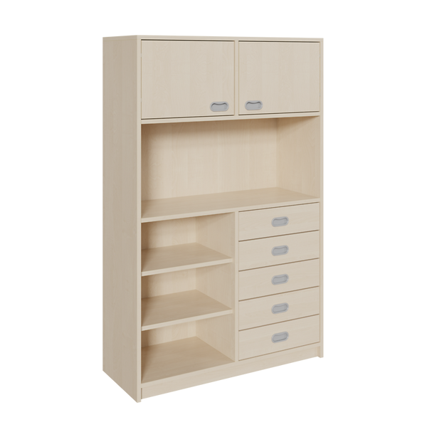 Regalschrank, Holzwerkstoff, helle Holzoptik, Schranktüren, Schubladen