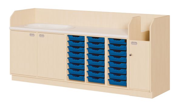 Wickelkommode Jonas mit Badewanne, Aufgang rechts, 24 flache Boxen Wickelkommode Jonas mit Badewanne, Aufgang rechts, 24 flache Boxen