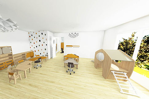 Spielraum in der Krippe mit Kindertischen