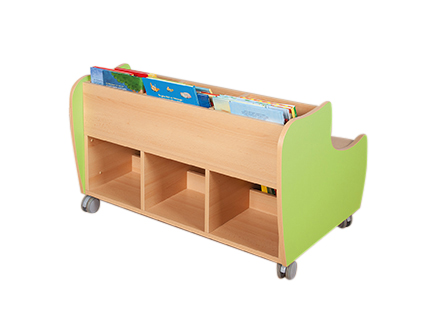 Kinderbuchregal, Holzregal, Rollregal, Kleine Schiebetafeln, Farbkontrast grün