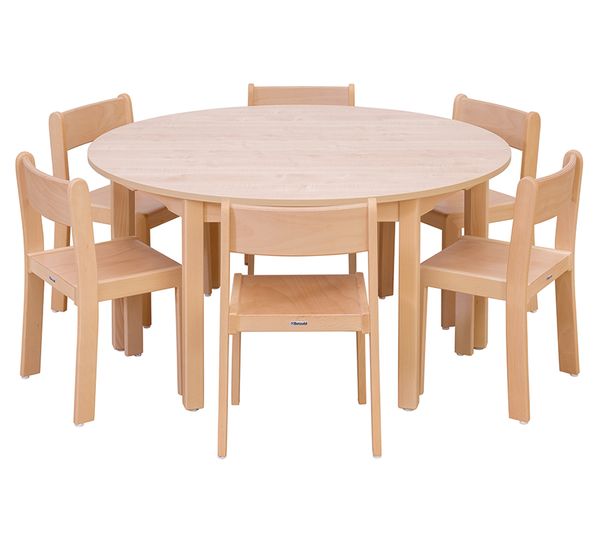 Tisch-Stuhlkombination rund, Buche, Sitzhöhe 30 cm/ Tischhöhe 52 cm, Tisch: 120 cm Tisch-Stuhlkombination rund, Buche, Sitzhöhe 30 cm/ Tischhöhe 52 cm, Tisch: 120 cm