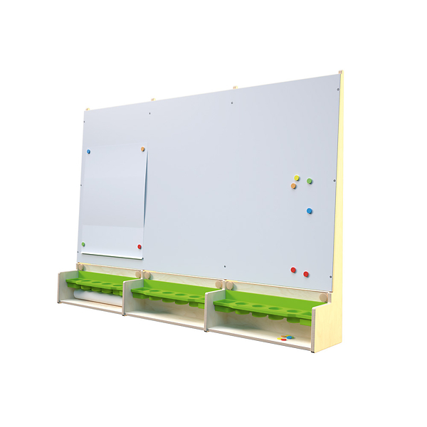whiteboard, Magnettafel, Tafel mit Ablagen, grüne Ablagen, Aufbewahrungsfächer