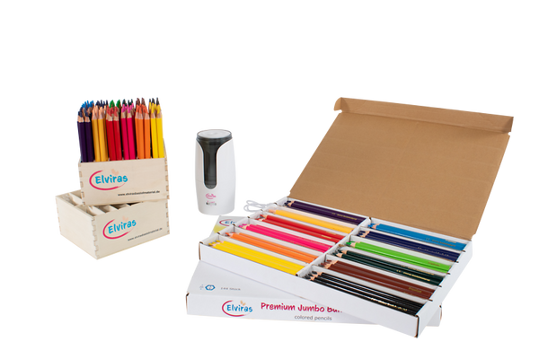 ELVIRAS Premium Jumbo Tri- & Hex-Buntstift-Komplettset (288 Stifte) mit 2 Holzaufstellern + Gratis Spitzmaschine