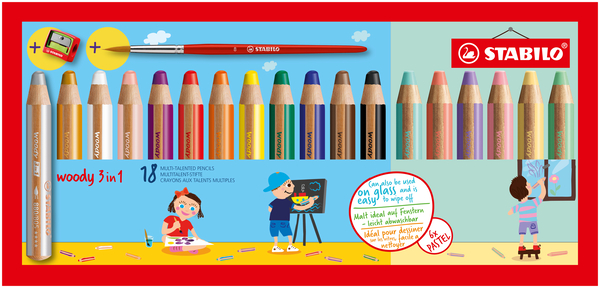 STABILO Woody 3in1 Malstifte, inkl. Spitzer und Pinsel, in 18 Farben sortiert (Classic & Pastell), 18 Stück