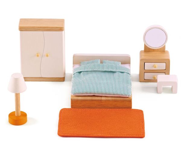 HAPE Schlafzimmer für Puppenhaus (Holz),  9 Teile Dekoration für Zuhause, Kissen, Teppich, Mobiliar