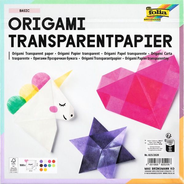 FOLIA Origamipapier, Transparentpapier, bunt sortiert, 20x20 cm, 500 Blatt