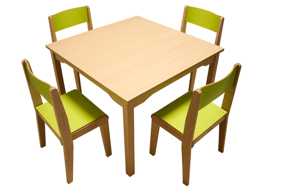 Tisch-Stuhl-Kombination, 1 quadratischer Tisch (80 x 80 cm) + 4 Holzstühle, Farbe wählbar