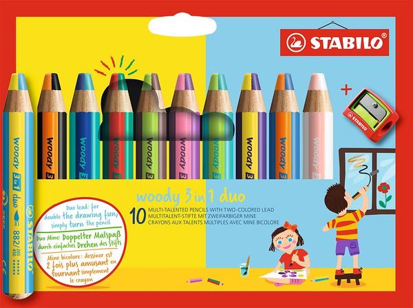 STABILO Woody 3in1 duo Malstifte, inkl. Spitzer, farbig sortiert, 10 Stück
