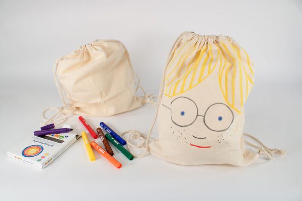 Stoffbeutel, Drawstring Bag, Gesichtsdruck, Gelb, Farbenstifte