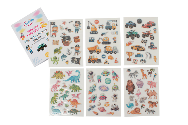 ELVIRAS Kindertattoos zum Aufkleben, 100 Stück, ab 3 Jahre, Motive wählbar