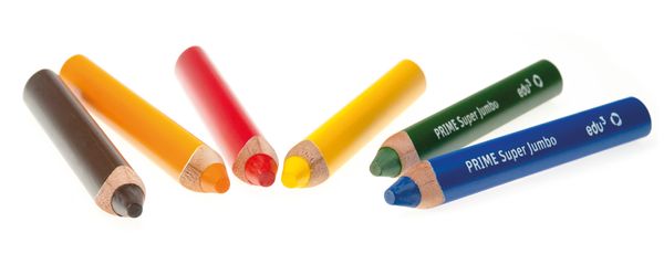 edu³ PRIME Super Jumbo 3 in 1 - 6 Dreikant-Stifte farbig sortiert, 1 Spitzer