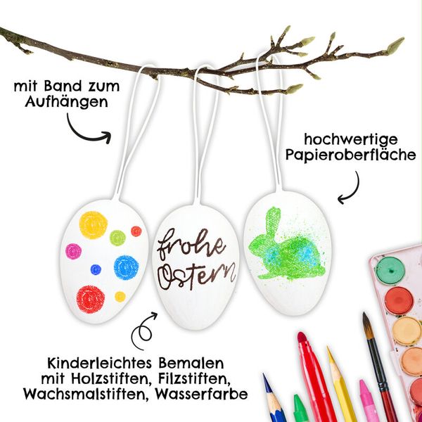 Pappmaché-Eier weiß mit Aufhänger, 13 Stück