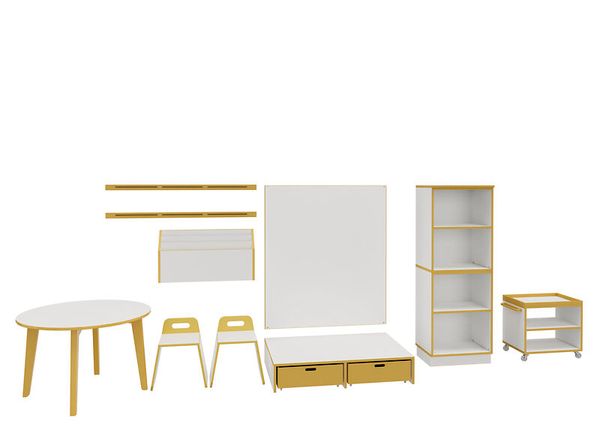DECOR Kreativbereich Runder Tisch, Stühlen, Regal, Podest mit Rollkisten, Materialwagen, Bilderleiste und Wandregal für Papier + Pappe