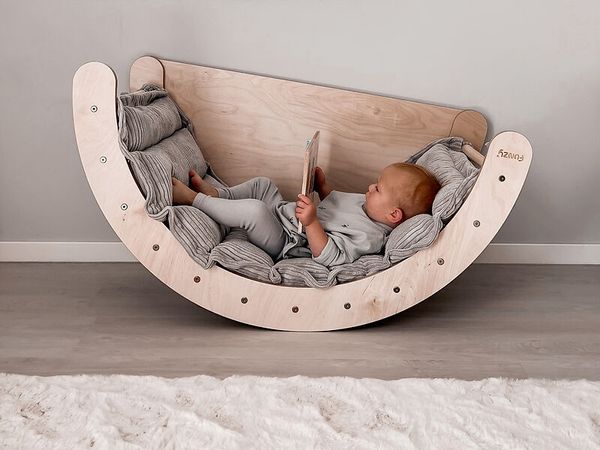 Kinderbett, Lounge-Sessel, Holz, Grau, Kissen