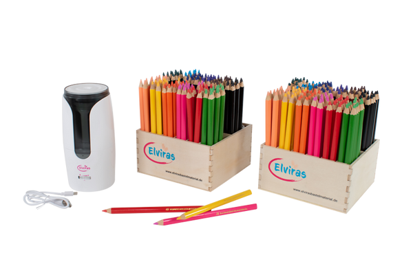ELVIRAS Jumbo Tri- & Hex-Buntstift-Komplettset (288 Stifte) mit 2 Holzaufstellern + Gratis Spitzmaschine