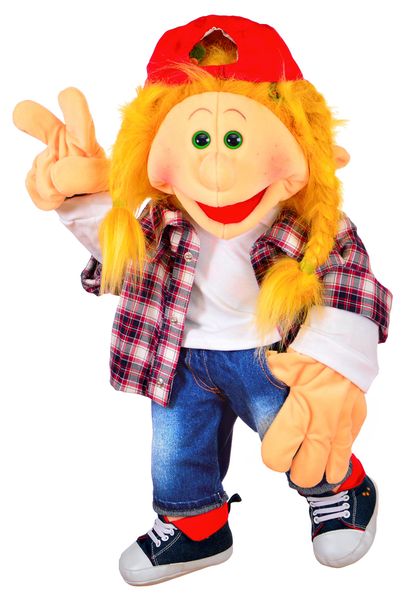 Puppe, Puppenkopf, Kapuzenhaar, Latzhose, Outfit-Plüsch