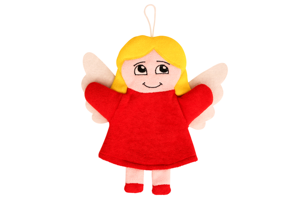 engel plüsch, plüsch spielzeug, rotes kleid, gelbe haare, flügel