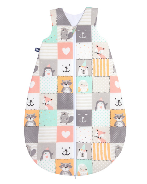 baby_sleep_sack, baby_bag, patchwork_pattern, animal_faces, soft_pabric