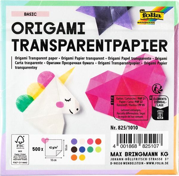 FOLIA Origamipapier, Transparentpapier bunt sortiert, 10x10 cm, 500 Blatt