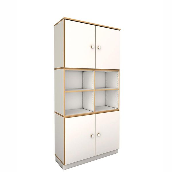 regal, schrank, holzrahmen, weiße türen, offene fächer