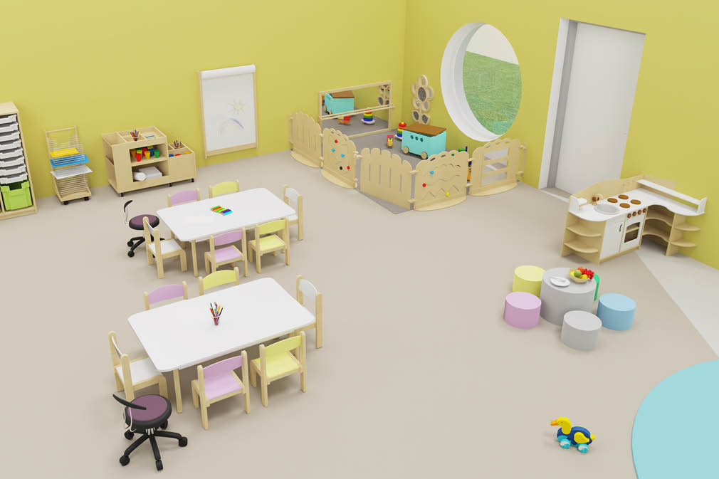 Spielraum in der Krippe mit Tischen zum Basteln und abgetrennter Bereich