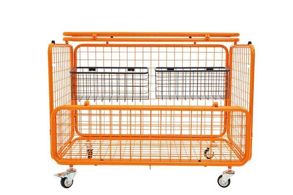 shopping cart, metal frame, orange cart, wheels, grid basket