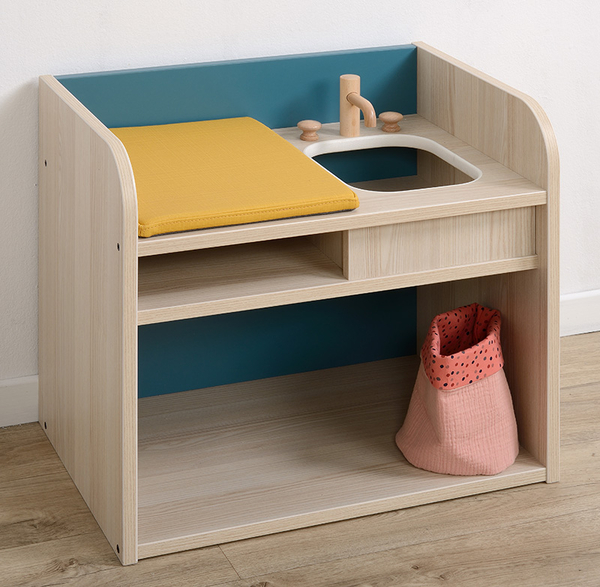 MATHOU Puppenecke-Set mit Puppenwagen, Puppenhochstuhl, Puppenbett und Wickeltisch
