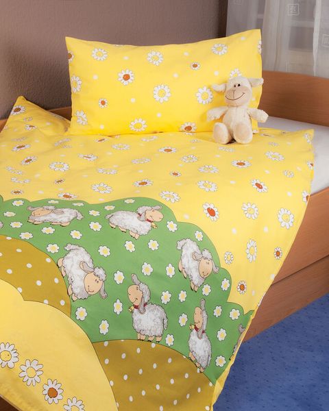 bettwäsche, baby, lambdas, gelb, blumenmuster