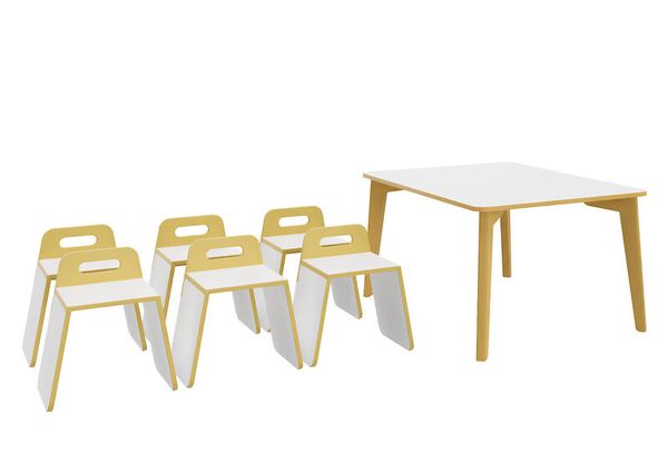 DECOR Set für Kindergartengruppen, 1 Tisch + 6 Stapelhocker