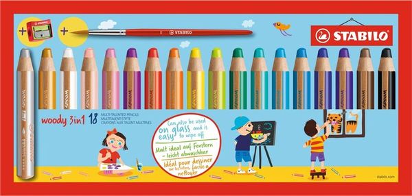 STABILO Woody 3in1 Malstifte, inkl. Spitzer und Pinsel, in 18 Farben sortiert (Classic), 18 Stück