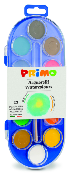 PRIMO Wassermalkasten mit 12 Deckfarben und Pinsel