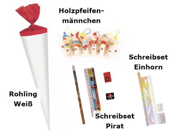 Rohling Weiß, Holzpfeifenmännchen, Schreibset Pirat, Schreibset Einhorn, Schreibwerkzeug