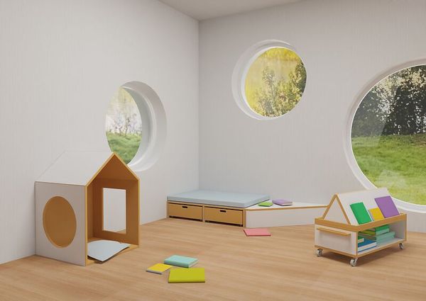 Kinderzimmer, Spielzeug, Holzspielzeug, Kühl/hell, Rundfenster